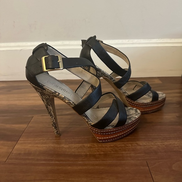 Colin Stuart Stacked Leather Faux Snakeskin High Heel Pumps Size 7 - Picture 2 of 9